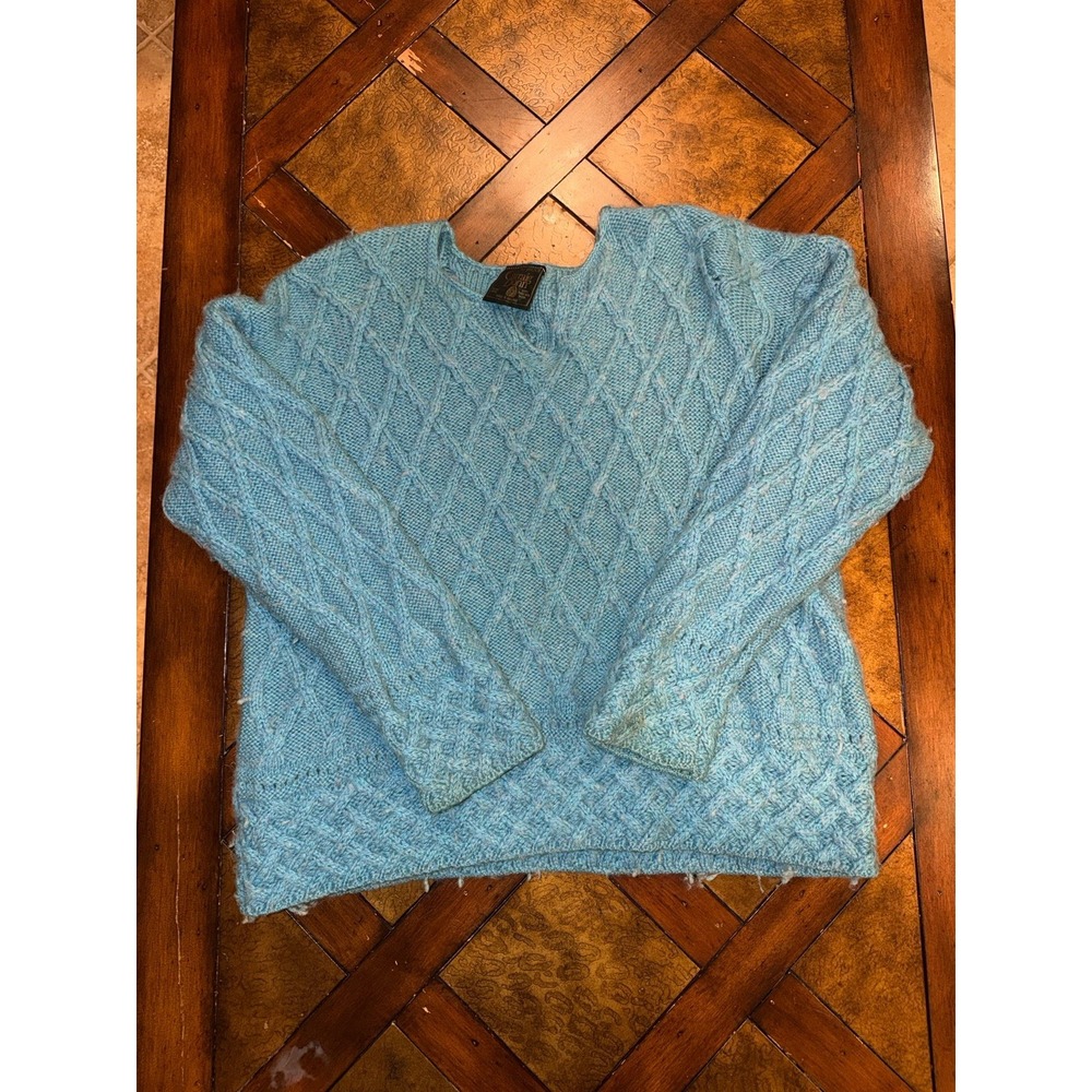 Carraig Donn Irish Aran Cable Merino Wool Cardigan Sweater Light Blue Size Large